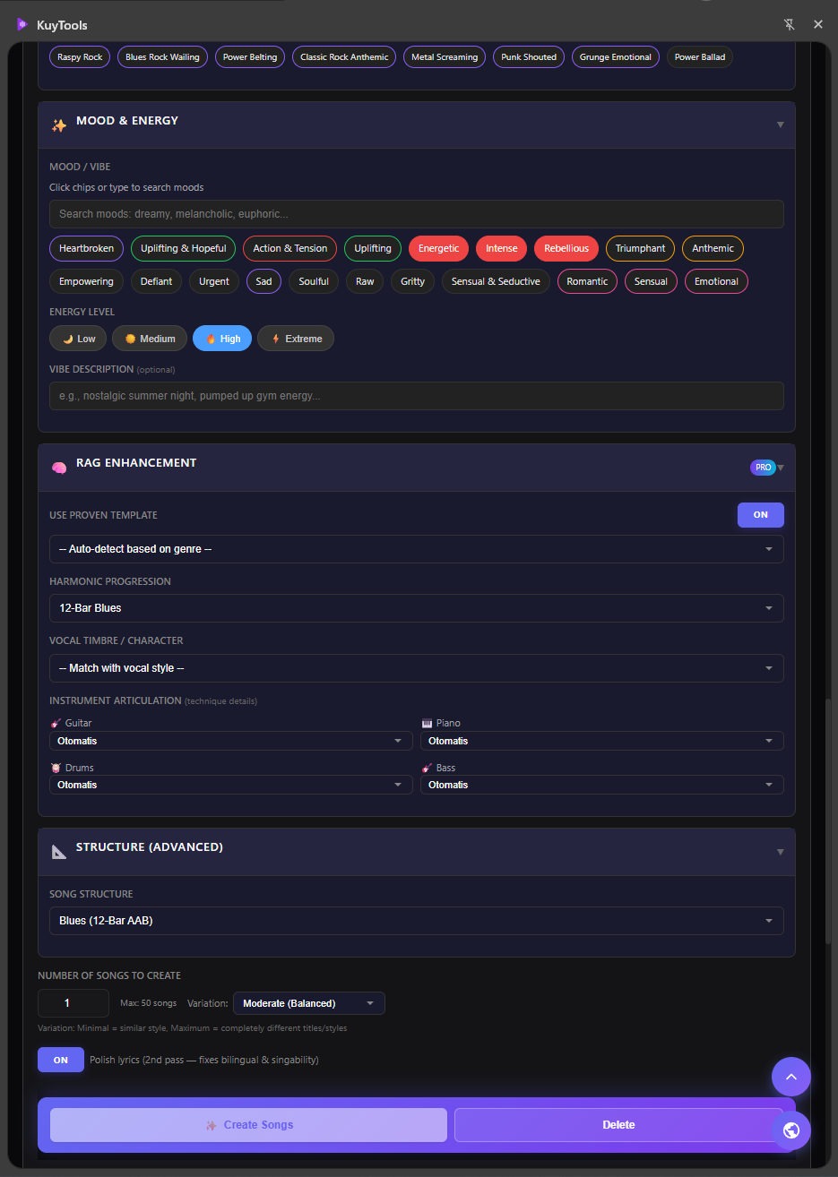 KuyTools Mood Engine - RAG Enhancement, Song Structure, and Energy Controls